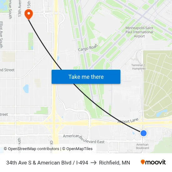 34th Ave S & American Blvd / I-494 to Richfield, MN map