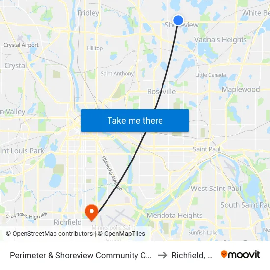 Perimeter & Shoreview Community Center to Richfield, MN map