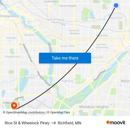 Rice St & Wheelock Pkwy to Richfield, MN map