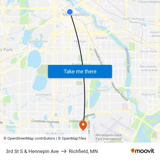 3rd St S & Hennepin Ave to Richfield, MN map