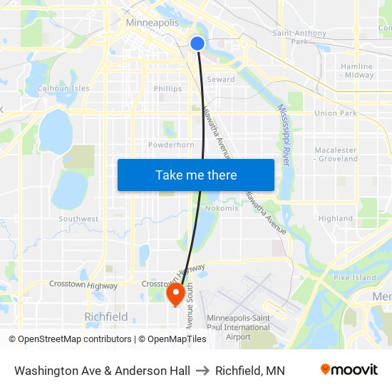 Washington Ave & Anderson Hall to Richfield, MN map