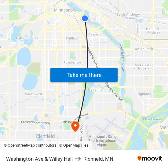 Washington Ave & Willey Hall to Richfield, MN map