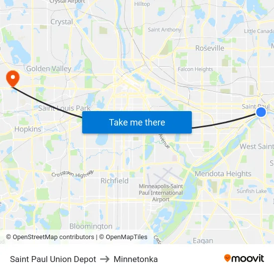 Saint Paul Union Depot to Minnetonka map