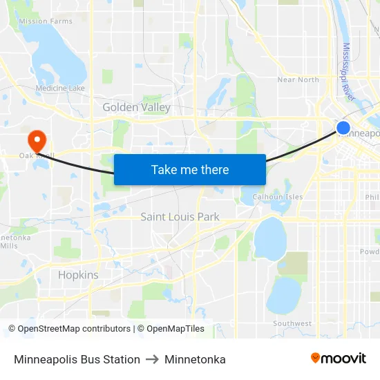 Minneapolis Bus Station to Minnetonka map