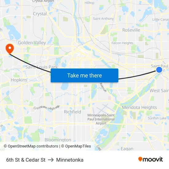 6th St & Cedar St to Minnetonka map