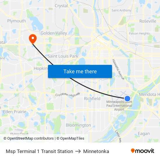 Msp Terminal 1 Transit Station to Minnetonka map