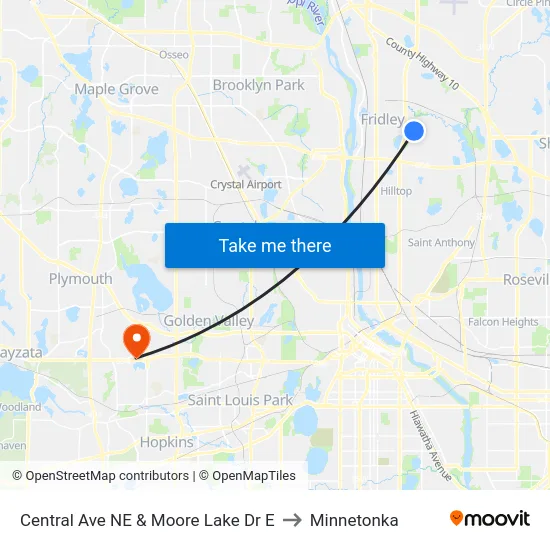 Central Ave NE & Moore Lake Dr E to Minnetonka map