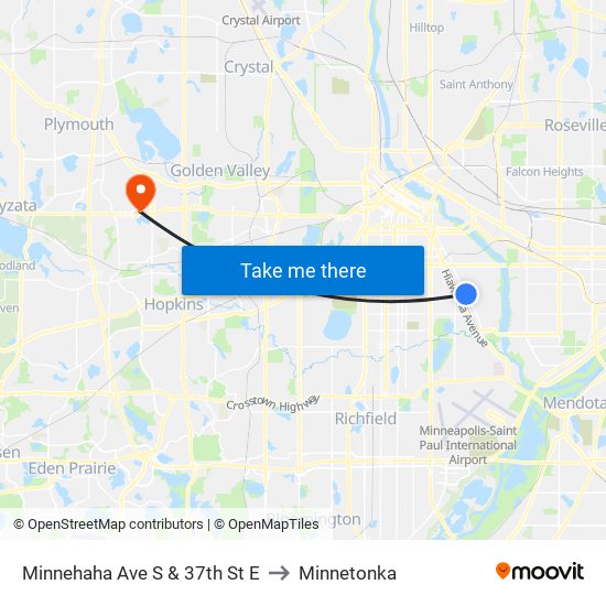 Minnehaha Ave S & 37th St E to Minnetonka map