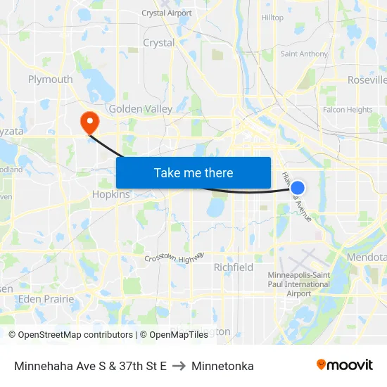 Minnehaha Ave S & 37th St E to Minnetonka map
