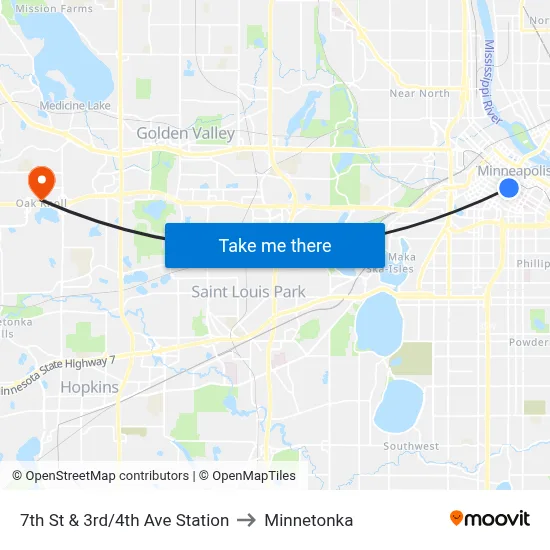 7th St & 3rd/4th Ave Station to Minnetonka map