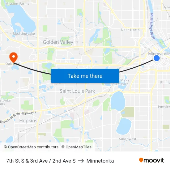 7th St S & 3rd Ave / 2nd Ave S to Minnetonka map