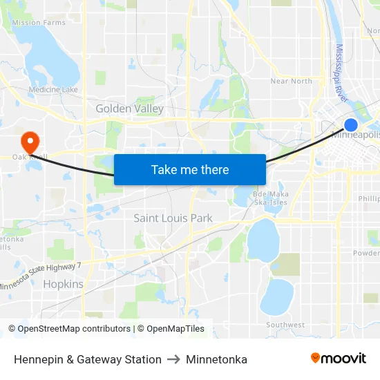 Hennepin & Gateway Station to Minnetonka map
