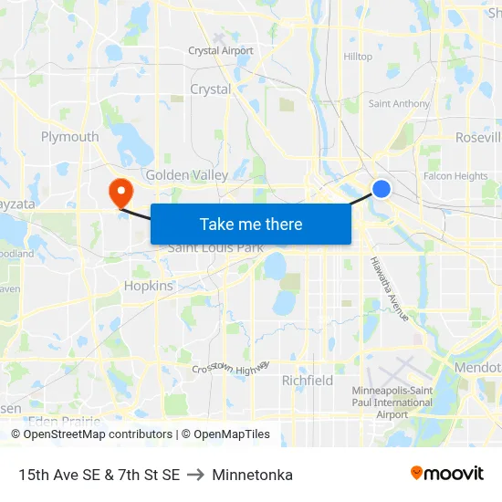 15th Ave SE & 7th St SE to Minnetonka map