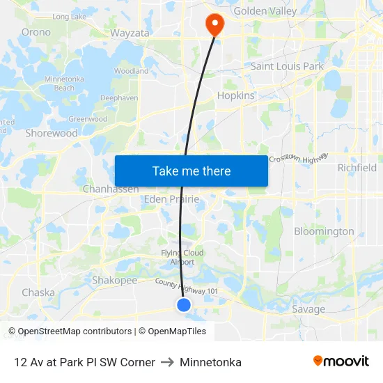 12 Av at Park Pl SW Corner to Minnetonka map