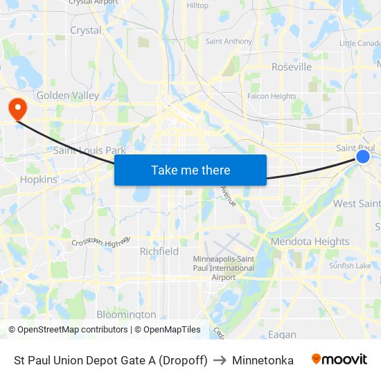 St Paul Union Depot Gate A (Dropoff) to Minnetonka map