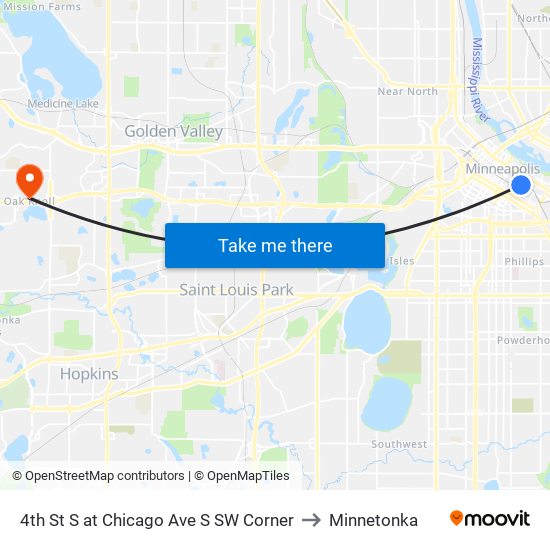 4th St S at Chicago Ave S SW Corner to Minnetonka map