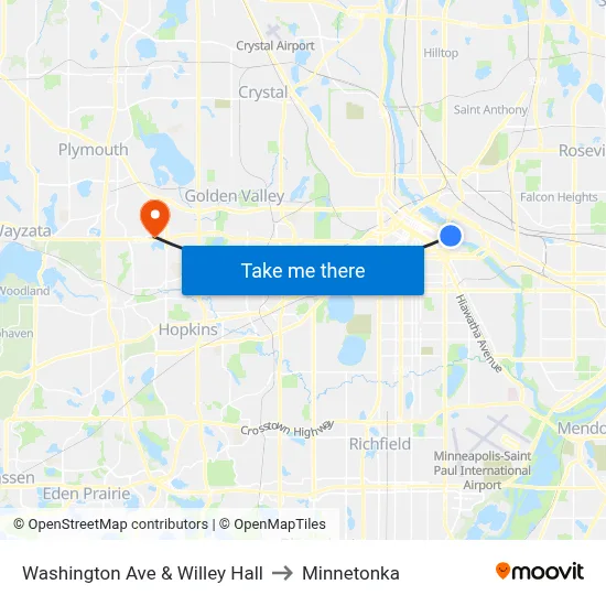 Washington Ave & Willey Hall to Minnetonka map