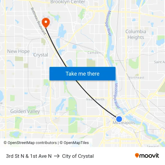 3rd St N & 1st Ave N to City of Crystal map