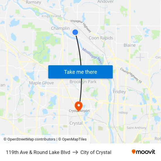 119th Ave & Round Lake Blvd to City of Crystal map