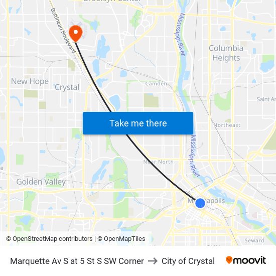 Marquette Av S at 5 St S SW Corner to City of Crystal map