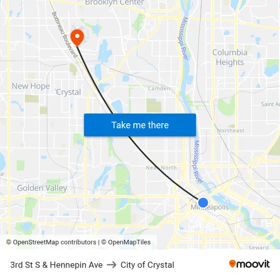 3rd St S & Hennepin Ave to City of Crystal map