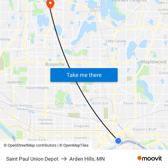 Saint Paul Union Depot to Arden Hills, MN map