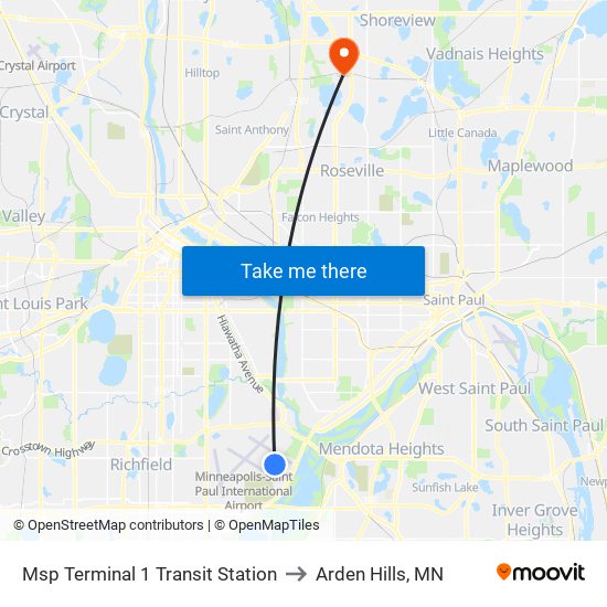 Msp Terminal 1 Transit Station to Arden Hills, MN map