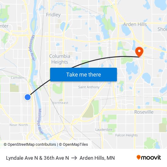 Lyndale Ave N & 36th Ave N to Arden Hills, MN map