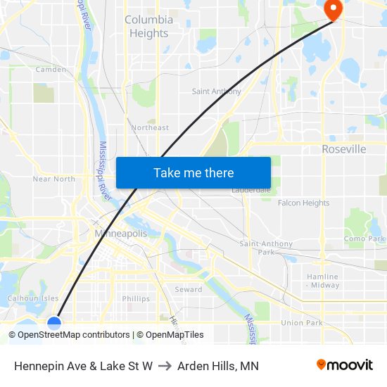 Hennepin Ave & Lake St W to Arden Hills, MN map