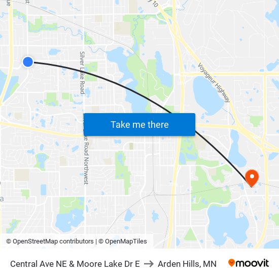 Central Ave NE & Moore Lake Dr E to Arden Hills, MN map