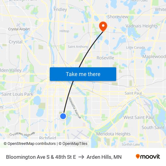 Bloomington Ave S & 48th St E to Arden Hills, MN map