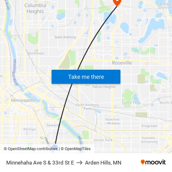 Minnehaha Ave S & 33rd St E to Arden Hills, MN map