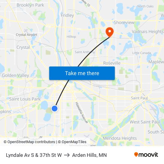 Lyndale Av S & 37th St W to Arden Hills, MN map