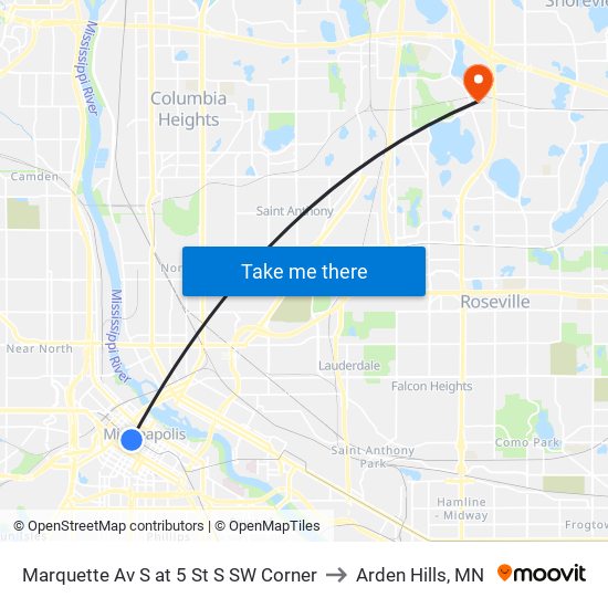 Marquette Av S at 5 St S SW Corner to Arden Hills, MN map