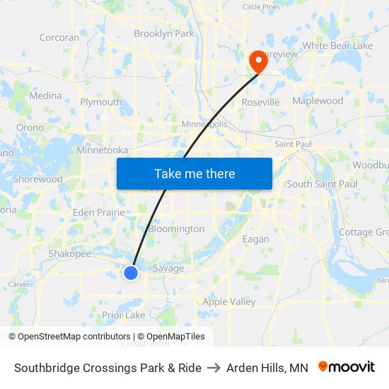 Southbridge Crossings Park & Ride to Arden Hills, MN map