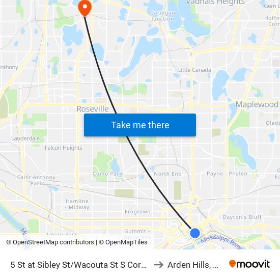 5 St at Sibley St/Wacouta St S Corner to Arden Hills, MN map