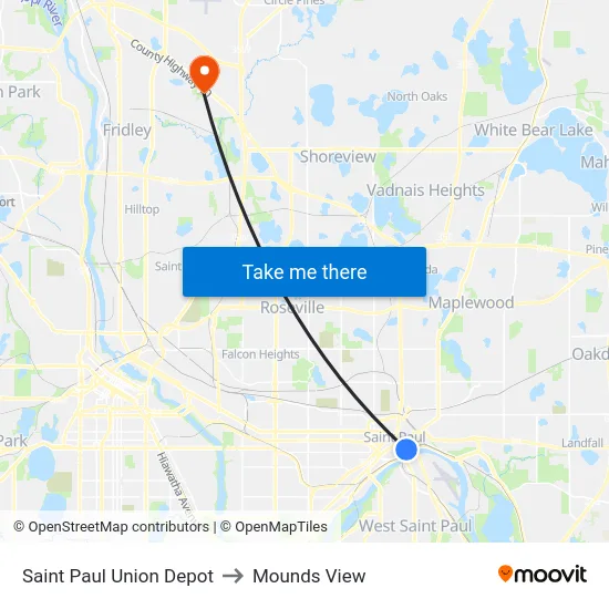 Saint Paul Union Depot to Mounds View map