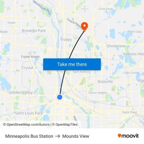 Minneapolis Bus Station to Mounds View map