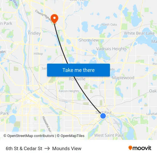 6th St & Cedar St to Mounds View map
