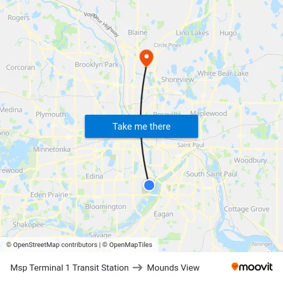 Msp Terminal 1 Transit Station to Mounds View map