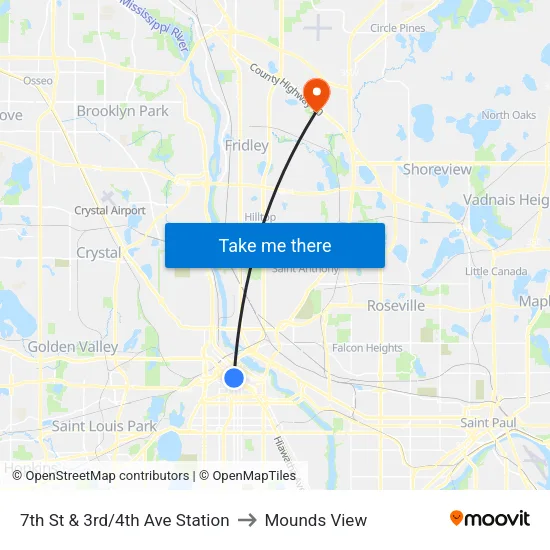 7th St & 3rd/4th Ave Station to Mounds View map