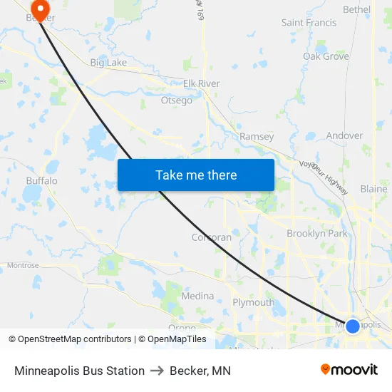 Minneapolis Bus Station to Becker, MN map