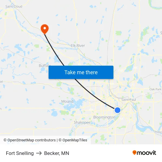 Fort Snelling to Becker, MN map