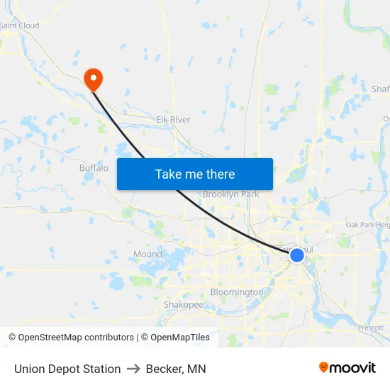 Union Depot Station to Becker, MN map