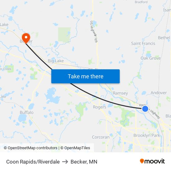 Coon Rapids/Riverdale to Becker, MN map