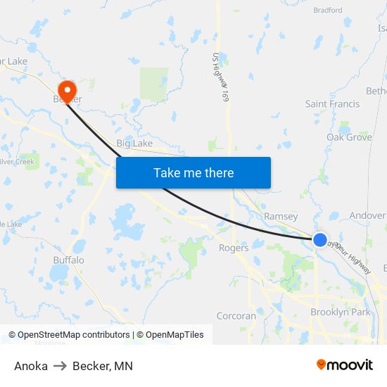 Anoka to Becker, MN map