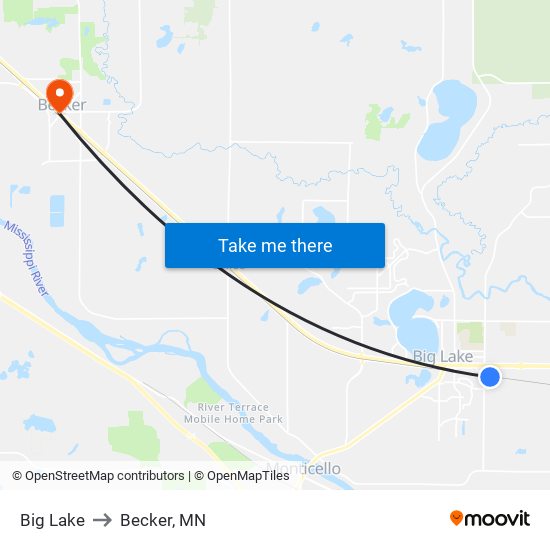 Big Lake to Becker, MN map