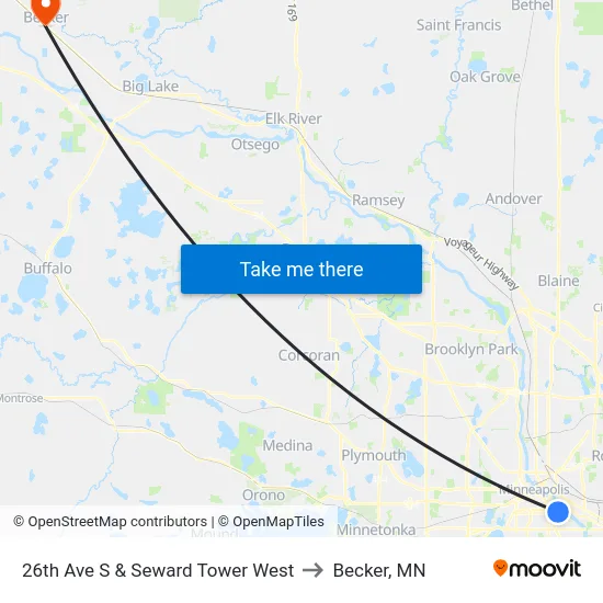 26th Ave S & Seward Tower West to Becker, MN map