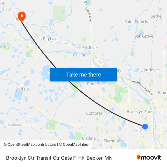 Brooklyn Ctr Transit Ctr Gate F to Becker, MN map