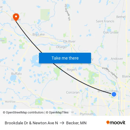 Brookdale Dr & Newton Ave N to Becker, MN map